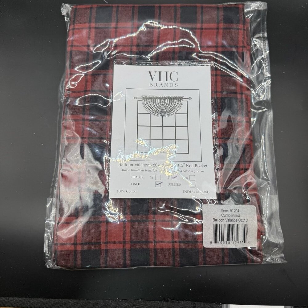 2 - VHC Brands Rustic Balloon Valance 60x15" Red Black Cumberland Window 3 1/4"